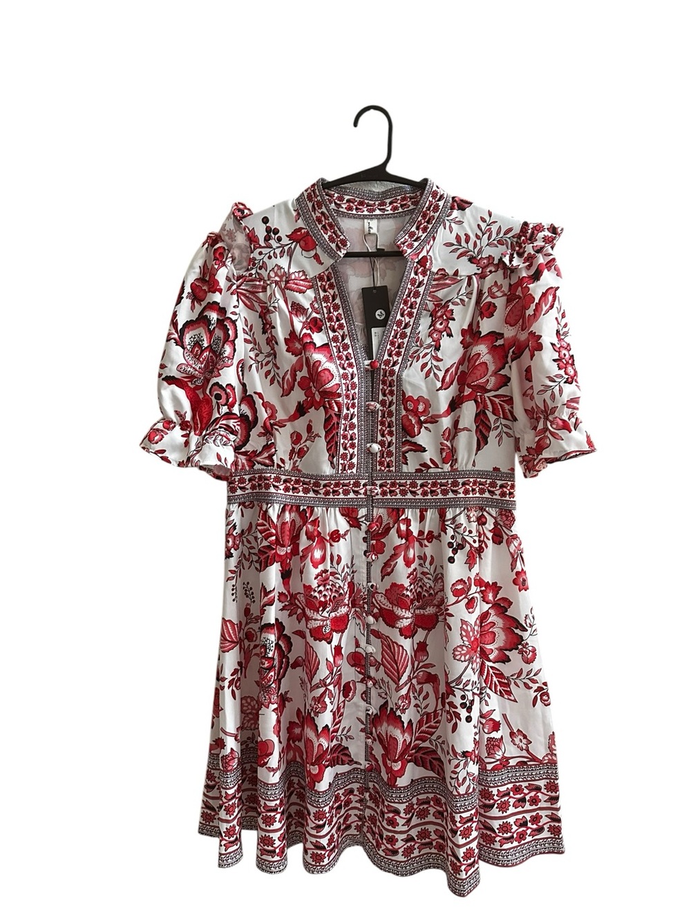 NWT White & Red Floral Mini Dress with Embroidered Trim